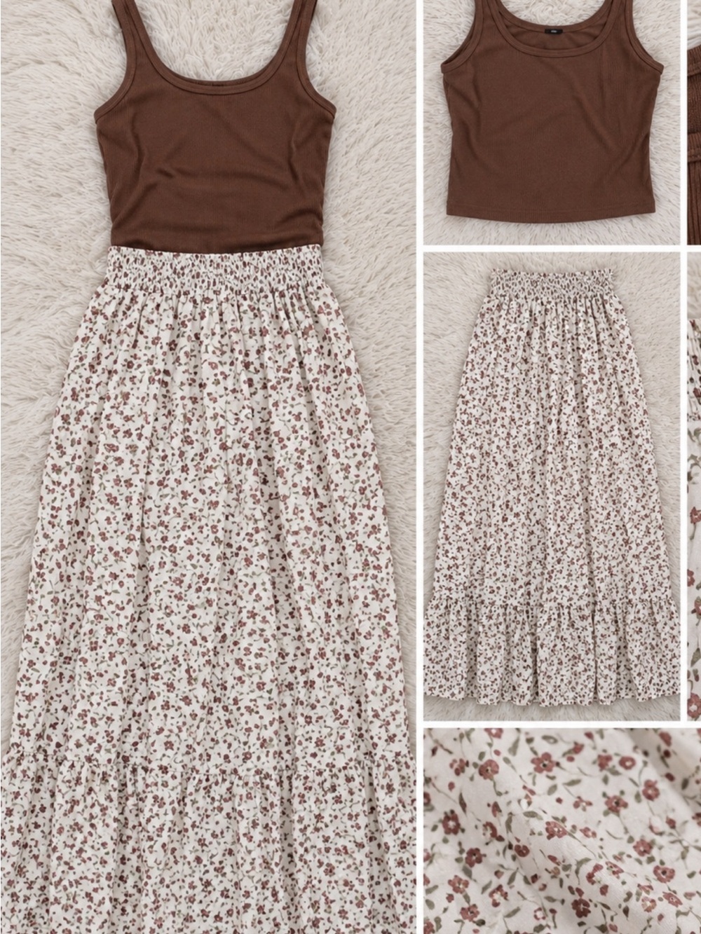 Floral Tiered Maxi Skirt in Cream and Brown